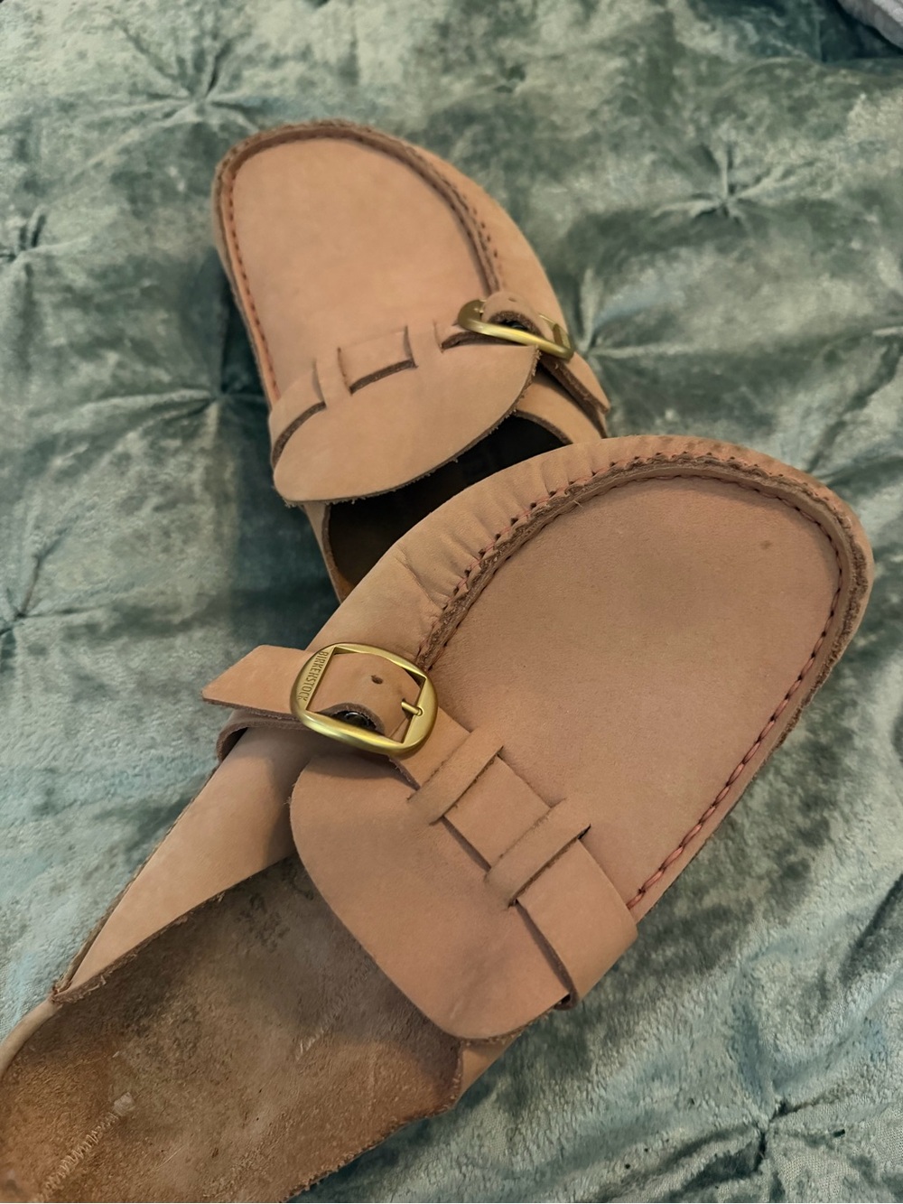 Birkenstock Tan Leather Slip-On Loafers with Gold Buckles
